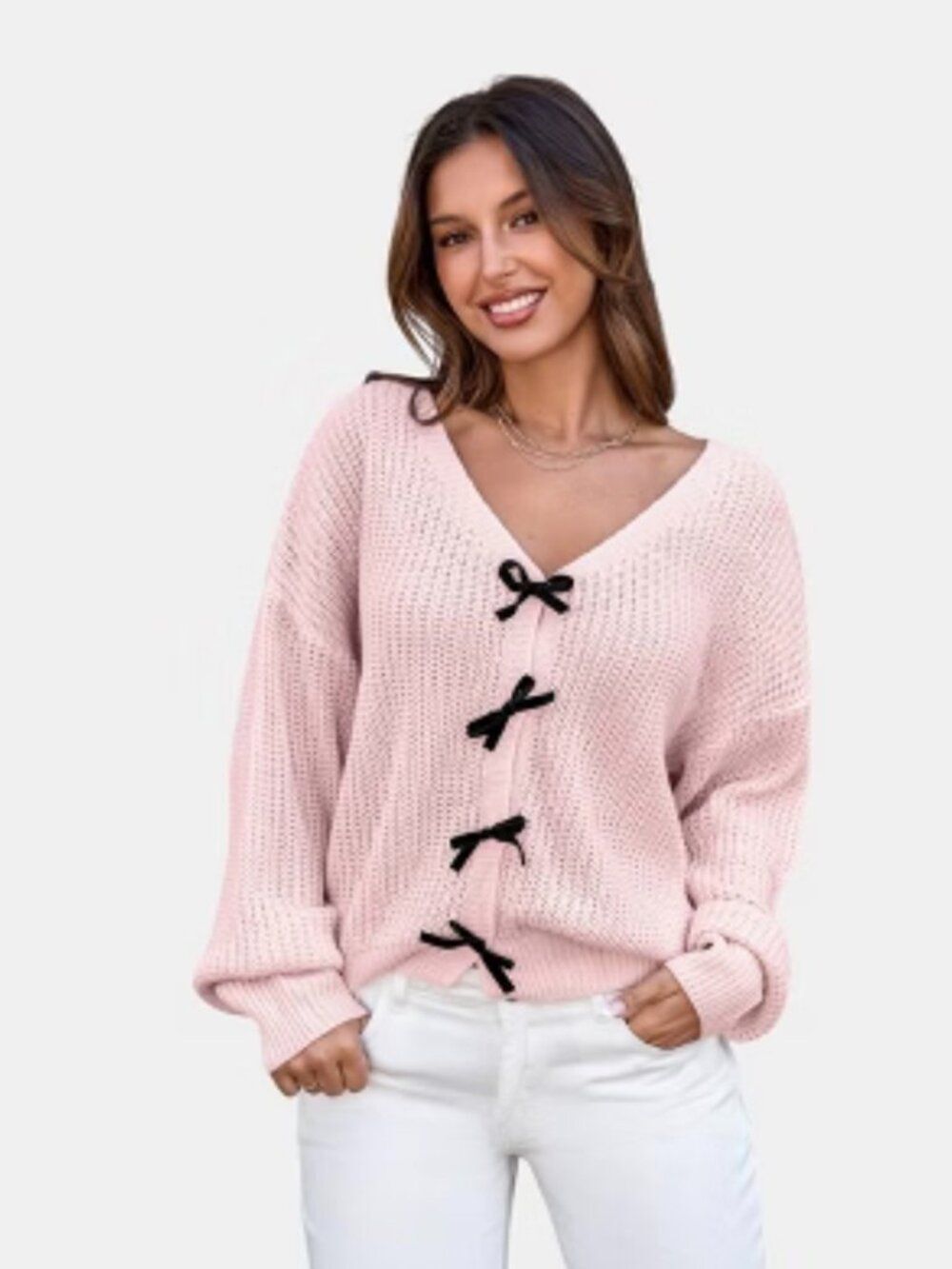 NWT Cupshe Pink Bow Front Chunky Knit Cardigan Sweater Medium